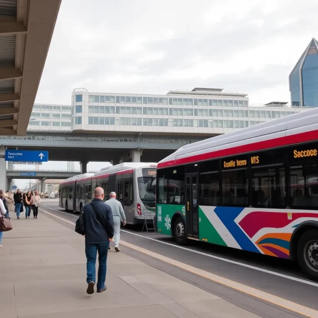 A new bus station in Nashville bustling with activity and passengers.